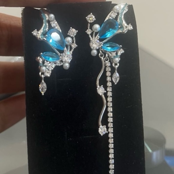 925 Sterling Silver Jewelry - Gorgeous new sapphire shades asymmetrical butterfly silver earrings #272